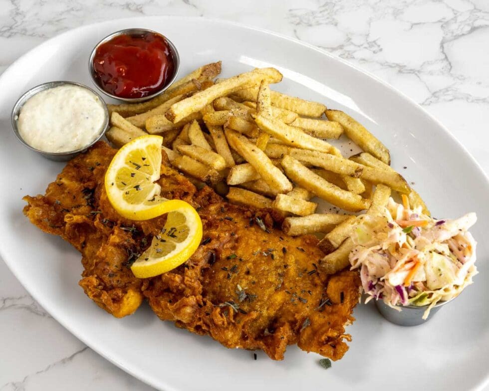 white beer fish and chips