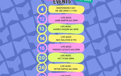 July events! Live music Friday, Saturday, and every other Sunday! Music Bingo EVERY Thursday. Delicious offerings everyday! #whymjuly #seacoasteats