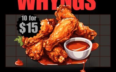 Call Whym. Order 10 Whyngs for $15. Choose your sauce. Drive to Whym. Order a growler. Pick up Whyngs. Enjoy the Super Bowl.